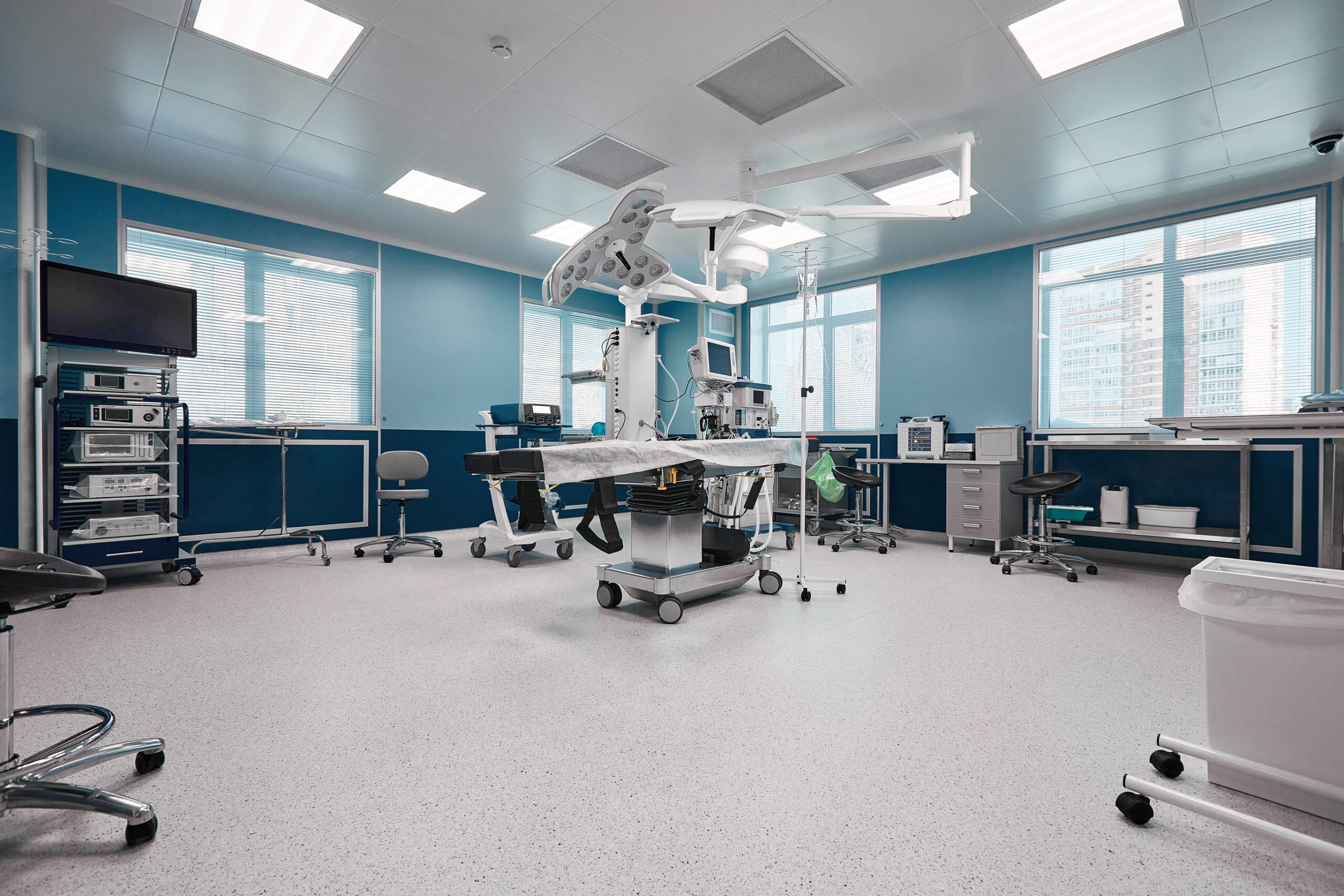 Operating room with modern equipment, spacious bright operating room, operating unit ready for surgery.